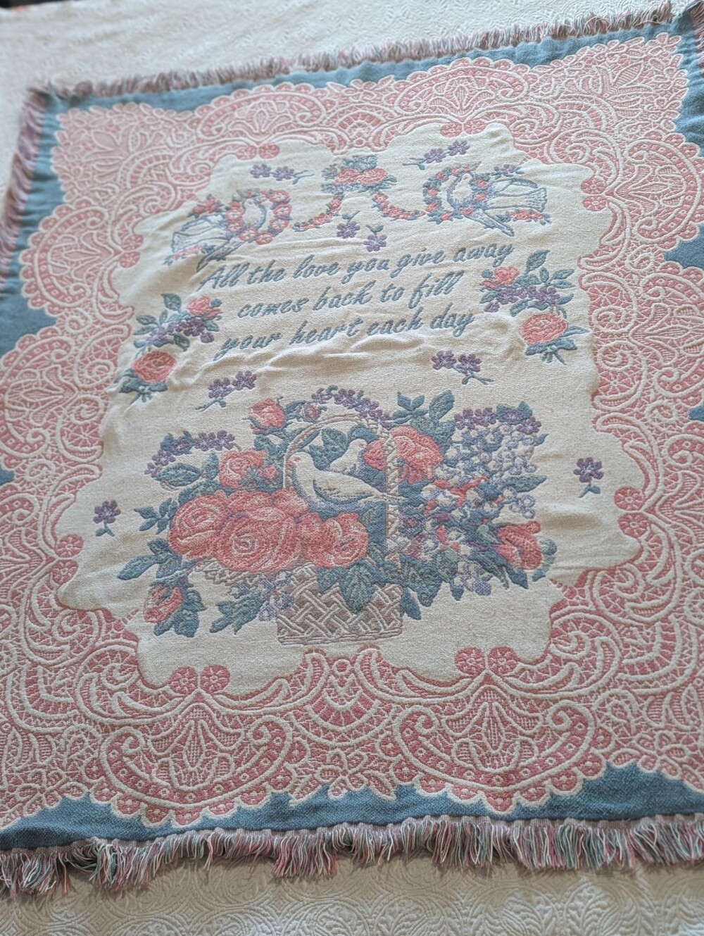 Goodwin Weavers "love" fringe throw blanket 100% cotton cottage vintage wedding